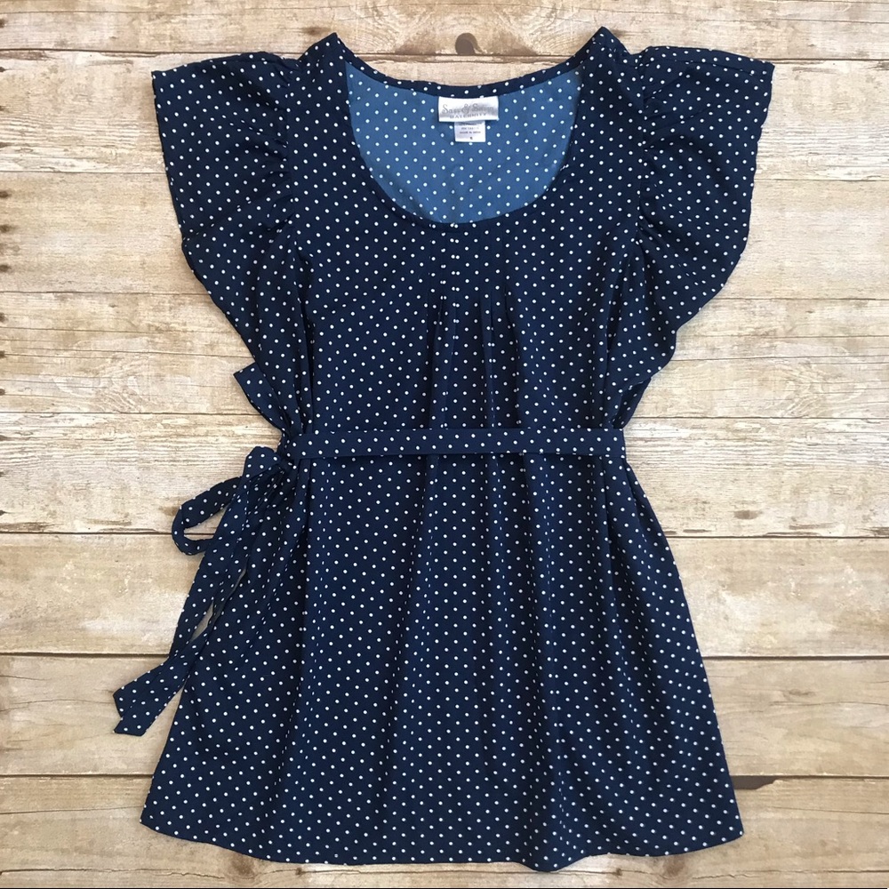 Maternity Blouse Blue w/ White Polka Dots Size S